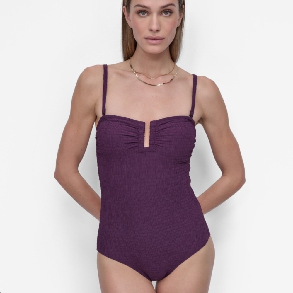 DKNY Womens Purple Smocked Bandeau One Piece Swimsuit Size L Tummy Control NWT